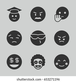 Smile icons set. set of 9 smile filled icons such as blush, cool emot in sunglasses, angry emot, graduate emoji, dollar smiley