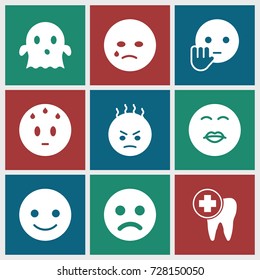 Smile icons set. set of 9 smile filled icons such as smiling emot, crying emot, ghost, dental care