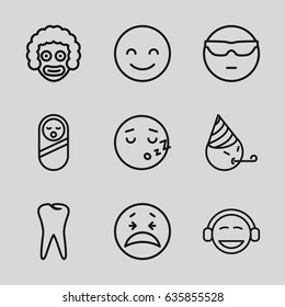 Smile icons set. set of 9 smile outline icons such as baby food, tooth, smiling emot, crying emot, emoji