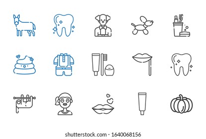 smile icons set. Collection of smile with pumpkin, tooth paste, kiss, girl, sloth, tooth, lips, toothbrush, kid, poop, dog, clown, donkey. Editable and scalable smile icons.