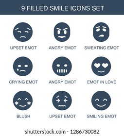 smile icons. Trendy 9 smile icons. Contain icons such as upset emot, angry emot, sweating emot, crying in love, blush, smiling emot. smile icon for web and mobile.