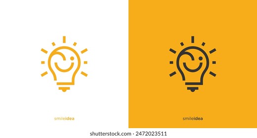 Diseños con el logotipo de Smile Idea. Abstractas bombilla de luz feliz con estilo de contorno de arte de línea. Logotipo inteligente, icono, símbolo, Vector, Plantilla de diseño.