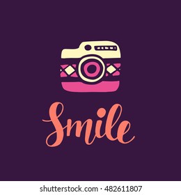 Smile Inspirational poster. Cute hand lettering. Photo camera doodle. Trendy typography design. Modern calligraphy. Vector illustration