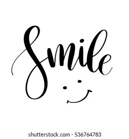 Smile. Inspirational quote phrase. Modern calligraphy lettering with hand drawn word.  Typography poster design.