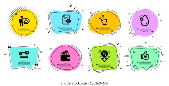 Smile, Internet chat and Like line icons set. Chat bubbles with quotes. Like hand, Vitamin e and Debit card signs. Discount, Touchscreen gesture symbols. Certificate, Online communication. Vector
