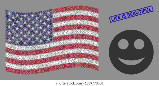 Smile items are combined into American flag stylization with blue rectangle distressed stamp seal of Life Is Beautiful caption. Vector collage of American waving flag is designed of smile items.