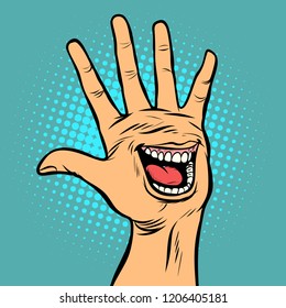 smile joy emotion hi five hand gesture. Comic cartoon pop art retro vector illustration drawing