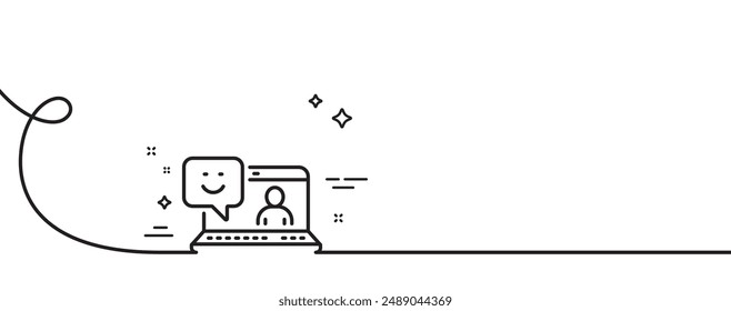 Smile laptop line icon. Continuous one line with curl. Positive feedback rating sign. Customer satisfaction symbol. Smile single outline ribbon. Loop curve pattern. Vector