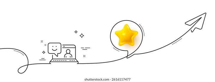 Smile laptop line icon. Continuous line with share plane. Positive feedback rating sign. Customer satisfaction symbol. 3d star in speech bubble. Smile single line ribbon. Loop curve pattern. Vector