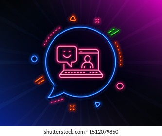 Smile laptop line icon. Neon laser lights. Positive feedback rating sign. Customer satisfaction symbol. Glow laser speech bubble. Neon lights chat bubble. Banner badge with smile icon. Vector