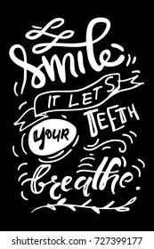 Smile, it let your teeth breathe.Typography lettering design on a tooth shape grunge texture and sunburst for print, t-shirt. 