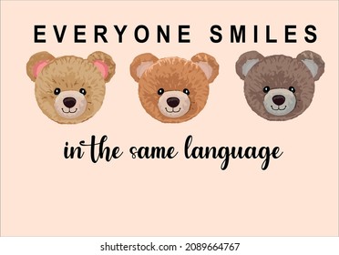 smile lettering slogan with tree color teddy bear concept design vector