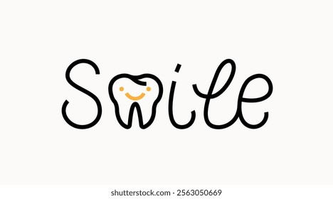 Smile lettering with tooth and smiley. Vector illustration of dental concept. Teeth healthy medical background.