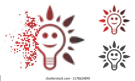 Smile light bulb icon in fractured, pixelated halftone and undamaged solid variants. Points are organized into vector disappearing smile light bulb icon.