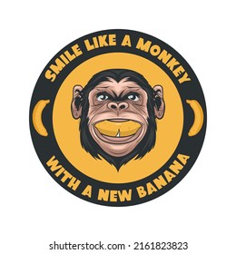 Smile Like a Monkey with a New Banana. Vector Smiling Chimpanzee Ape with Banana in His Mouth. Typography Quote Design. Funny Monkey Head for Wall Art, T-shirt Print, Poster. Cartoon Cute Chimp Monkey