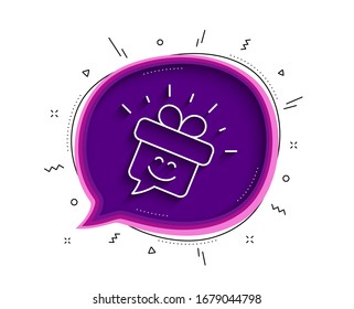 Icono de la línea Sonreír. Burbuja de chat con sombra. Signo de emoticono de caja de regalo. Símbolo de burbuja de voz. Icono de sonrisa delgada. Vector