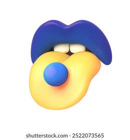 Lábios de sorriso dentes da língua vetor ícone estilizado 3D com pílula ou doce. Tomar remédios e medicamentos. Língua Emoji. Ilustração vetorial.