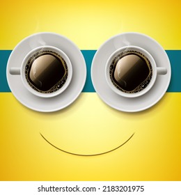 Smile look made from two cups of coffee, good morning, emoji, smiling face, yellow background, vector illustration