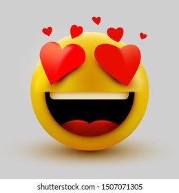 Smile in love emoticon icon, love hearts in eyes. Vector emoticon emoji flat heart in the eyes symbol. Vector illustration