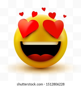 Smile in love emoticon icon, love hearts in eyes. Vector emoticon emoji flat heart in the eyes symbol. Vector illustration