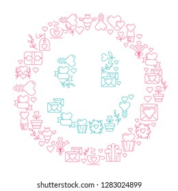Smile love poster template in the gigantic heart with many beautiful images symbolizing valentines day hand drawing doodles elements on white background vector illustration