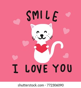 Smile I love you cute cat with red heart cartoon vector illustration