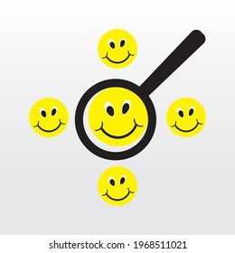 Smile with a magnifier. Find a happy emoticon. Five colored cartoon emoticons. Feedback concept rating on a white background.