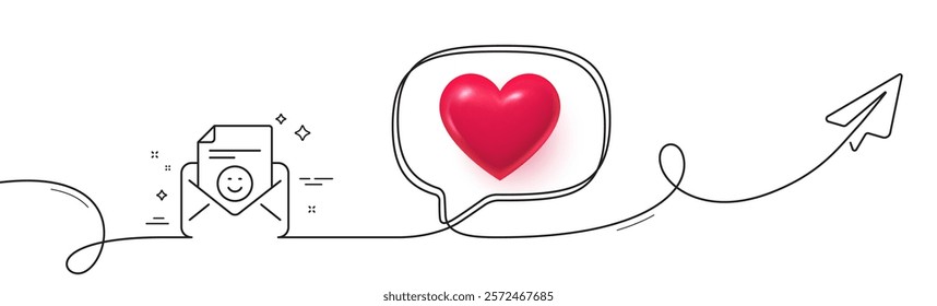 Smile mail line icon. Continuous line with share plane. Positive feedback letter sign. Customer satisfaction symbol. 3d heart in speech bubble. Smile single line ribbon. Loop curve pattern. Vector