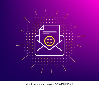 Smile mail line icon. Halftone pattern. Positive feedback letter sign. Customer satisfaction symbol. Gradient background. Smile line icon. Yellow halftone pattern. Vector