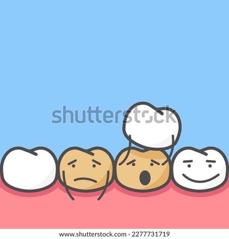 Smile makeover, dental ceramic veneers, row of cute cartoon teeth covering with veneers, vector