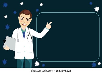 Smile male doctor with white coat raising up his finger to give advice or recommendation on empty clipboard surround with virus. Colorful flat vector illustration. Covid 19, Flu, Corona virus concept.