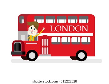 Smile man with red Die cast miniature London Route Master bus.  flat design element. vector illustration