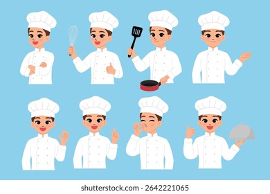 smile man wear chef uniform thumbs up, pointing hand, ok hand, delicious sign, pointing index finger up , hold serving tray with lid, happy chef character hold whisk, pan, wok spatula lustration