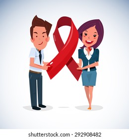 smile man and women holding AIDS ribbon icon - vector illustration