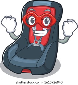 Smile mascot of baby car seat dressed as a Super hero