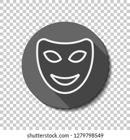 Smile mask of theatre, face with happy emotion, sign of comedy. Linear outline icon. flat icon, long shadow, circle, transparent grid. Badge or sticker style