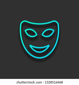 Smile mask of theatre, face with happy emotion, sign of comedy. Linear outline icon. Colorful logo concept with soft shadow on dark background. Icon color of azure ocean