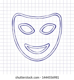 Smile mask of theatre, face with happy emotion, sign of comedy. Linear outline icon. Hand drawn picture on paper sheet. Blue ink, outline sketch style. Doodle on checkered background