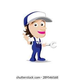 Smile mechanic man with tool in hand, thumb up vector illustration eps10