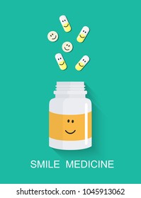 Smile medicine. Vector positive flat illustration with bottle and smiling pills