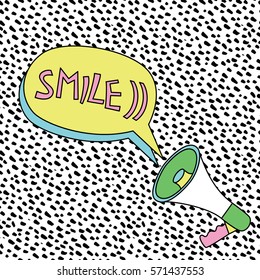 SMILE megaphone card. Retro 80s and 90s style vector art, poster. Bright vintage banner. Message card template in retro modern style.