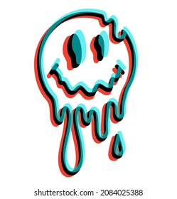 Sonríe la cara derretida. Resumen de neon glitch. Ilustración de estilo de destellos distorsionados modernos. Efecto de cambio RGB. Personaje de dibujos animados de moda. Sonrisa de fusión, impresión técnica para camisetas, concepto de afiches