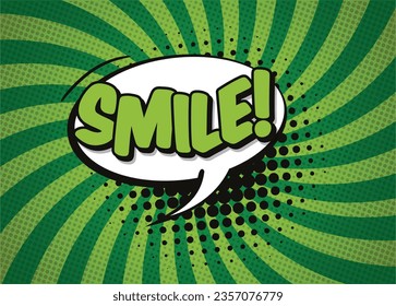 SMILE Message word bubble in retro pop art style on blue background. Vector illustration.