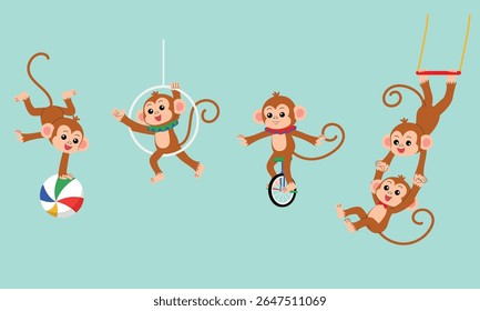 smile monkey cartoon acrobatics show with ball, loop,  with teammate,  balance on unicycle, cute monkey character circus performing show illustration