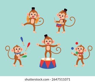 smile monkey cartoon juggling ball, juggling club, play drum, cymbals, cute monkey character stand on stage circus performing show illustration