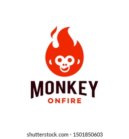 smile monkey head on red fire hot flame mascot logo icon design vector illustration in modern flat simple minimal style 