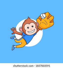 Smile monkey jump and catching the ball with baseball glove animal mascot sport character vector outline illustration cartoon design