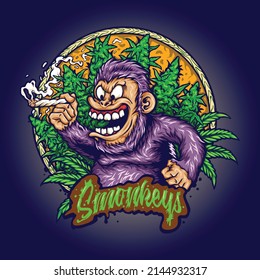 smile monkey stoner cannabis smoking vector illustrations for your work logo, merchandise t-shirt, stickers and label designs, poster, greeting cards advertising business company