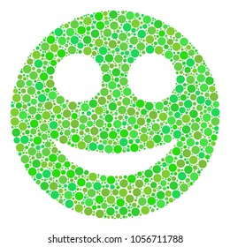 Smile mosaic of filled circles in variable sizes and green color tones. Vector filled circles are grouped into smile illustration. Freshness design concept.