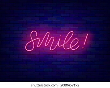 Smile neon lettering. laughter shiny calligraphy. Glowing quote. Online messaging. Outer glowing effect banner. Social media message. Luminous text. Editable stroke. Vector stock illustration